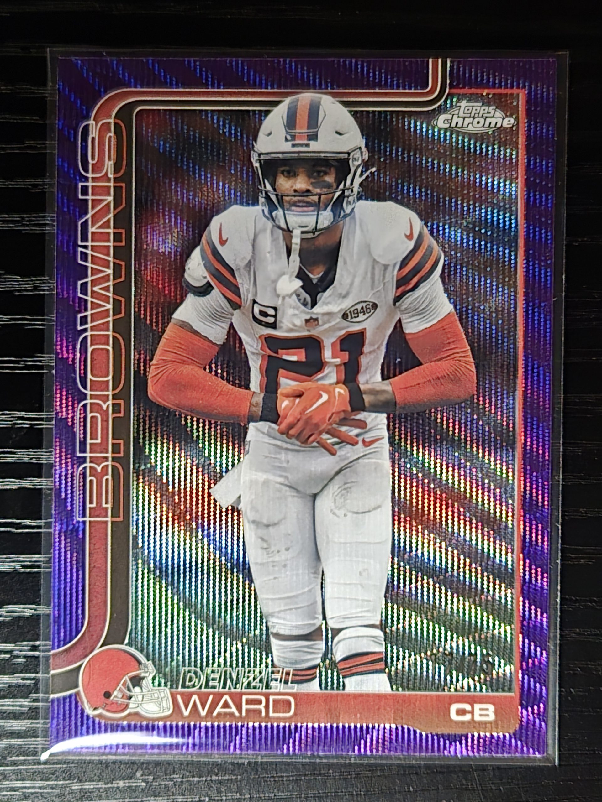 denzel ward 2025 topps chrome purple wave refractor #74 /75 (cleveland browns)